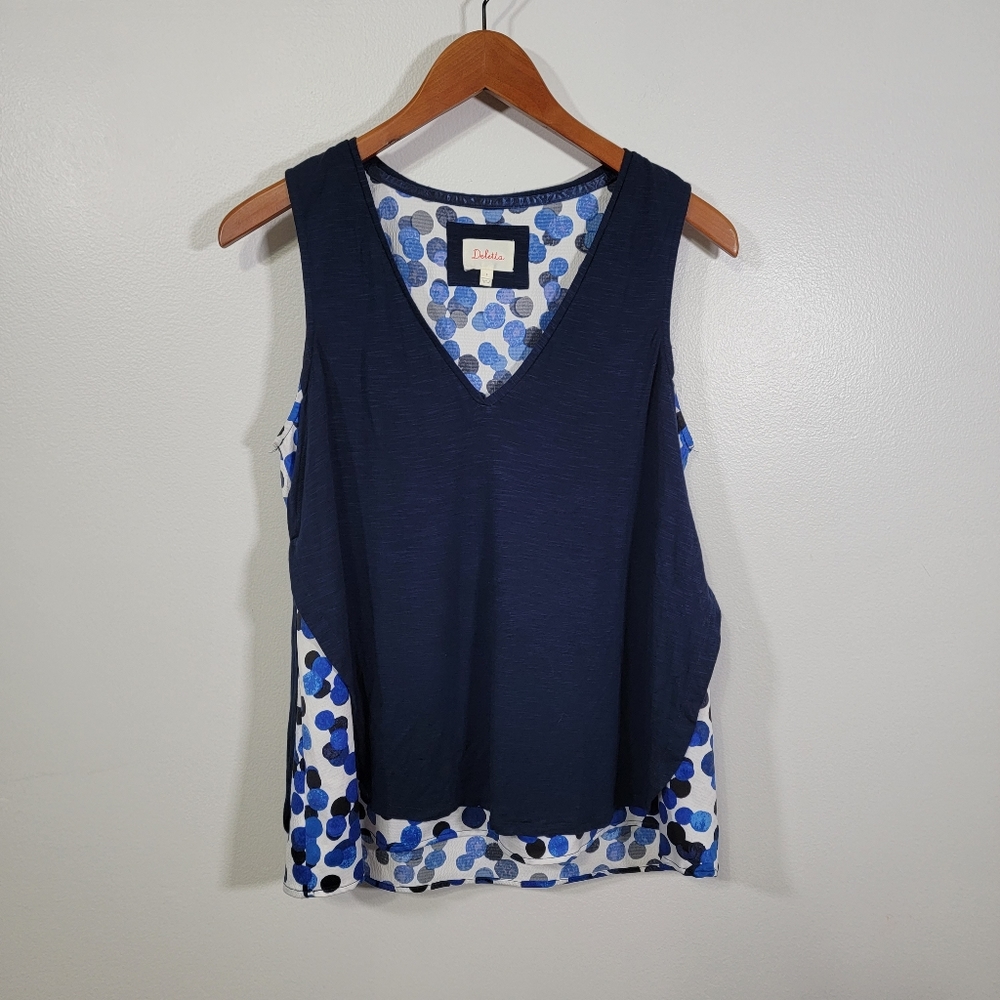 Deletta Navy Polka Dot Detail Flowy Tank Top Size Small
